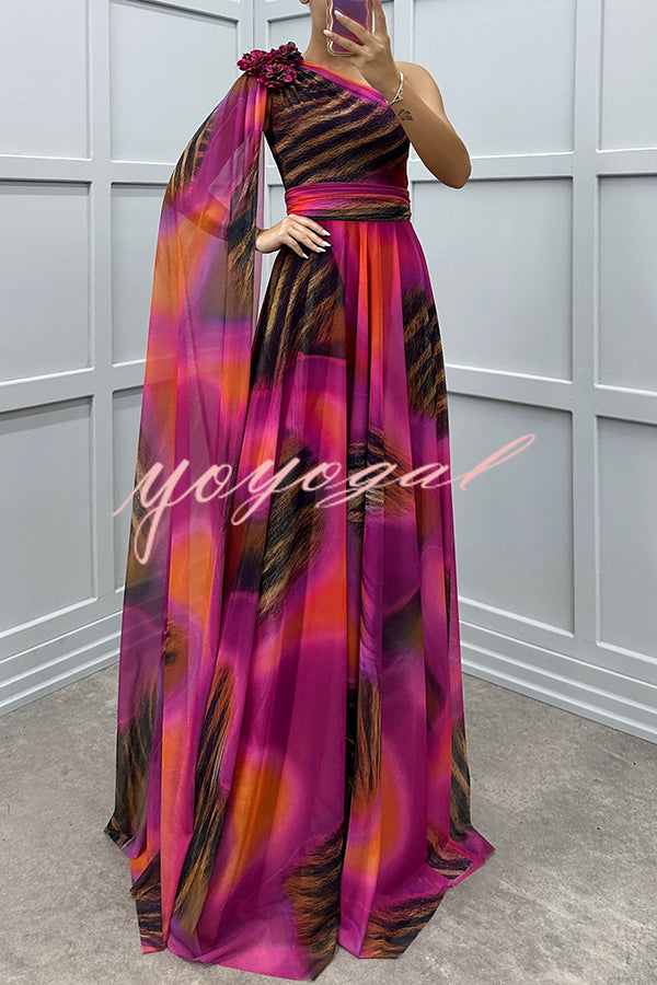 Lucia Unique Print Floral Detail One Shoulder Draped Sleeve Gown Maxi Dress