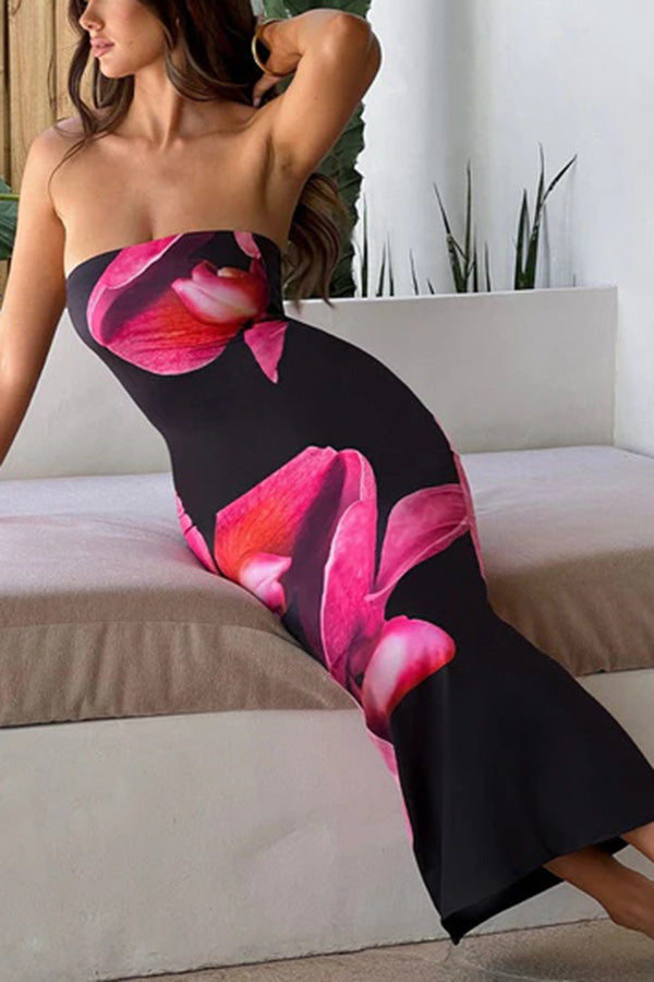 Emmaline Abstract Floral Print Bandeau Stretch Maxi Dress