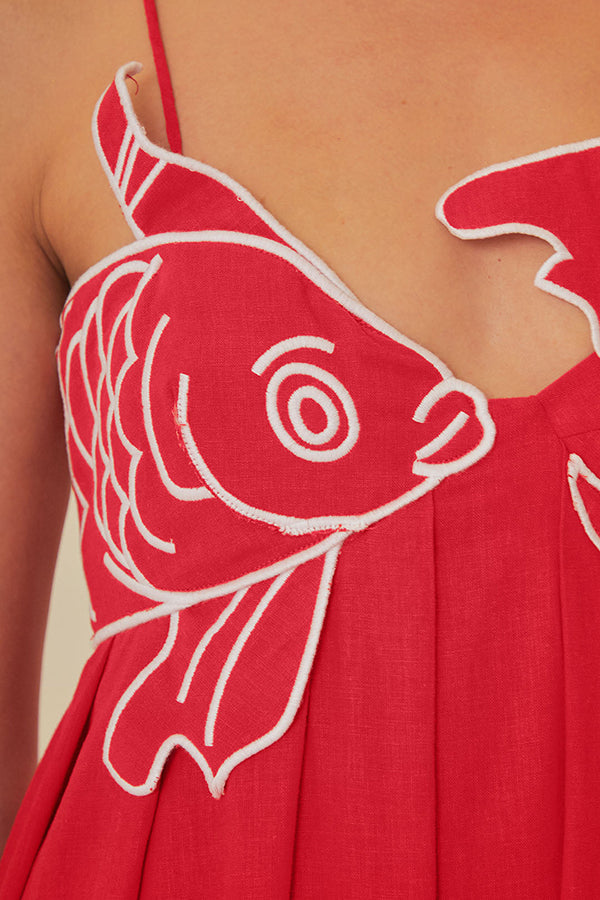 Red Fish Embroidered Sling Backless Maxi Dress