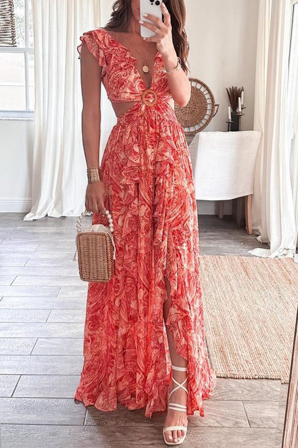 Boldest Bloom Floral Printed Ruffle Sleeve Cutout Maxi Dress