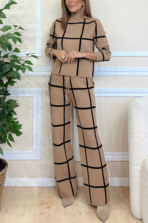 Fashionable Plaid Turtleneck Long Sleeve Top and Elastic Waist Tie Pocket Pants Set