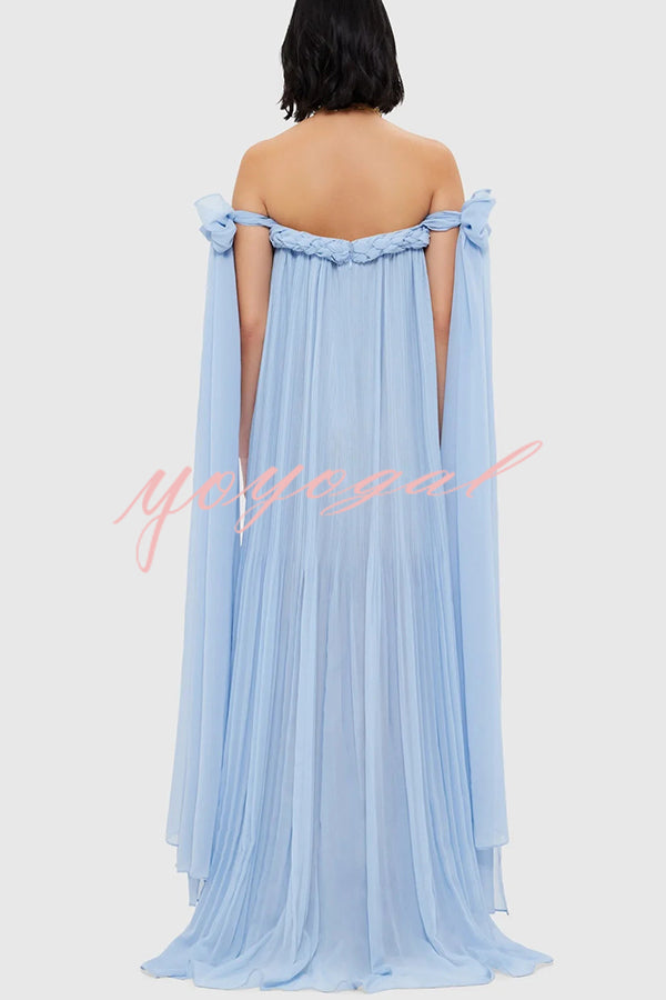 Fairy Spirit Tulle Braided Neckline Tie Arm Straps Pleated Maxi Dress