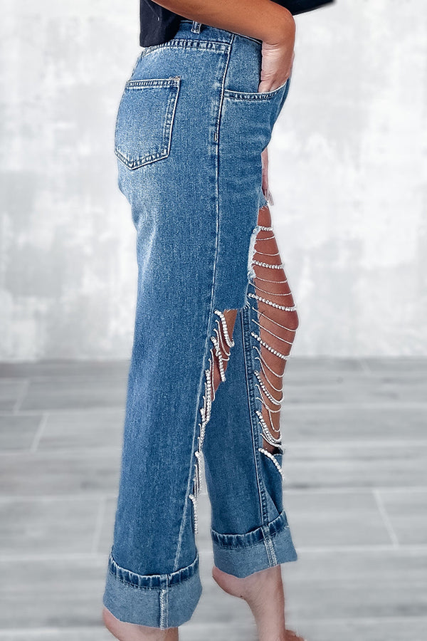 Casual Pocket Ripped Chain Embellished Straight Jeans