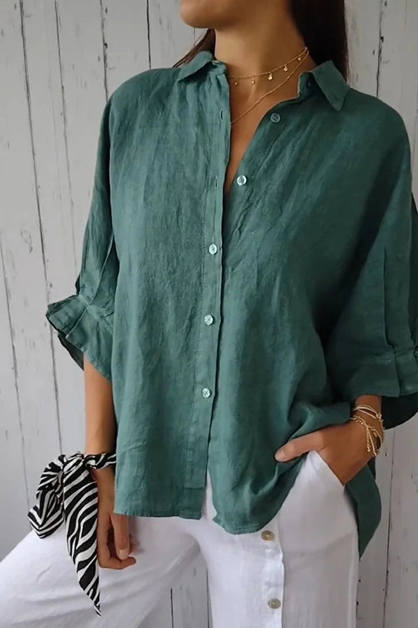 Linen Blend Solid Color Tie Back Loose Shirt Top