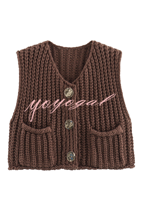 Solid Color Sleeveless Pocket Knitted Vest