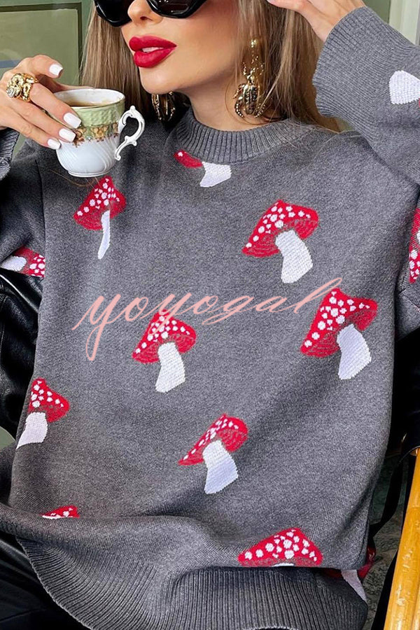 Mushroom Pattern Casual Loose Round Neck Knitted Sweater