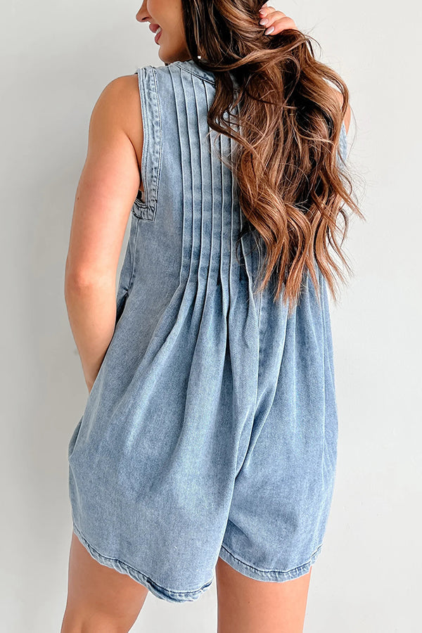 Downtown Daze Denim Pleated Tie-up Pocketed Loose Romper