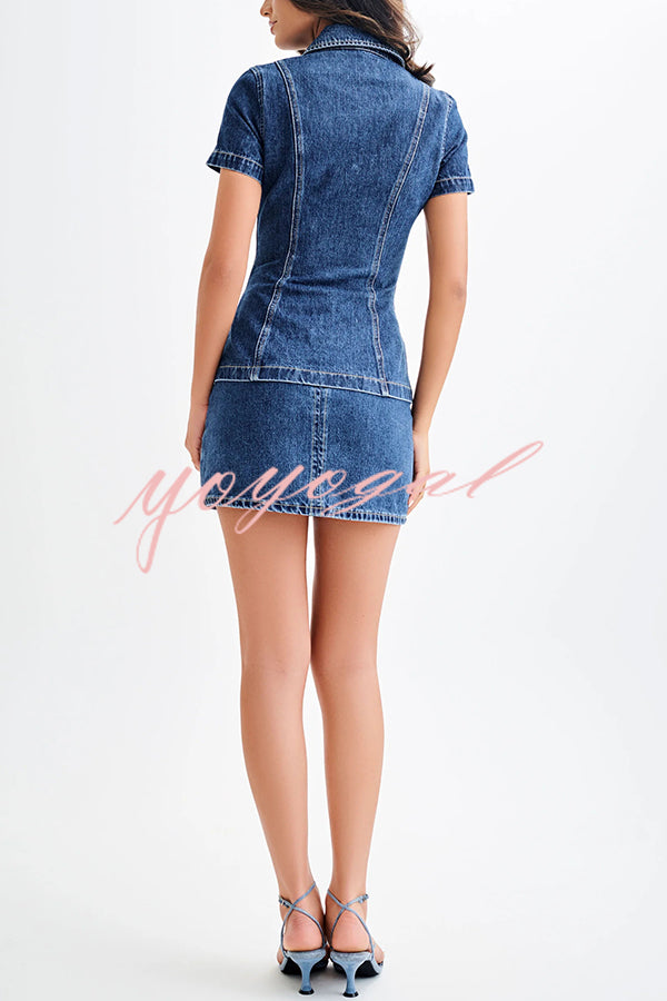 Modern Flavor Denim High Rise Back Zipper A-line Stretch Mini Skirt