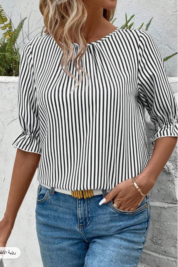 Fashionable Striped Printed Button Half Sleeve Casual Shirt