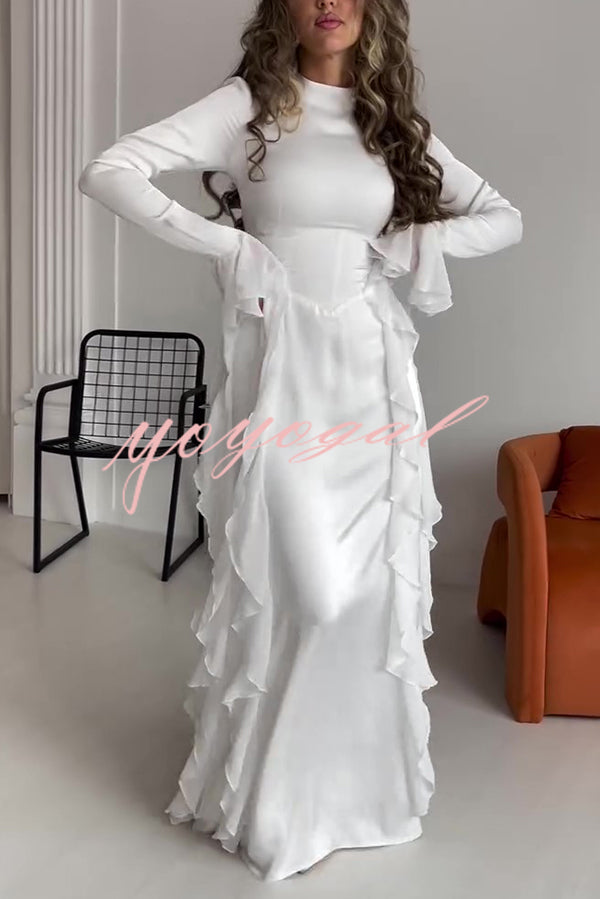 Cline Solid Color High Neck Long Sleeve Elegant Ruffles Maxi Dress