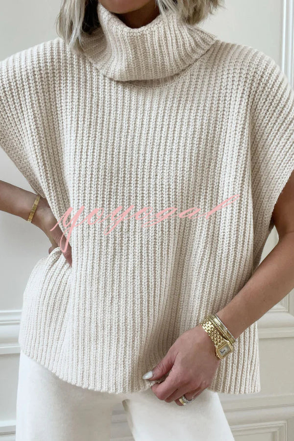 Comfortable and Luxe Knit TurtleNeck Cap Sleeves Lightweight Sweater