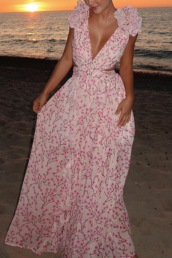 Lost in The Melody Chiffon Printed Flutter Sleeve Cutout Back Lace-up Maxi Dress