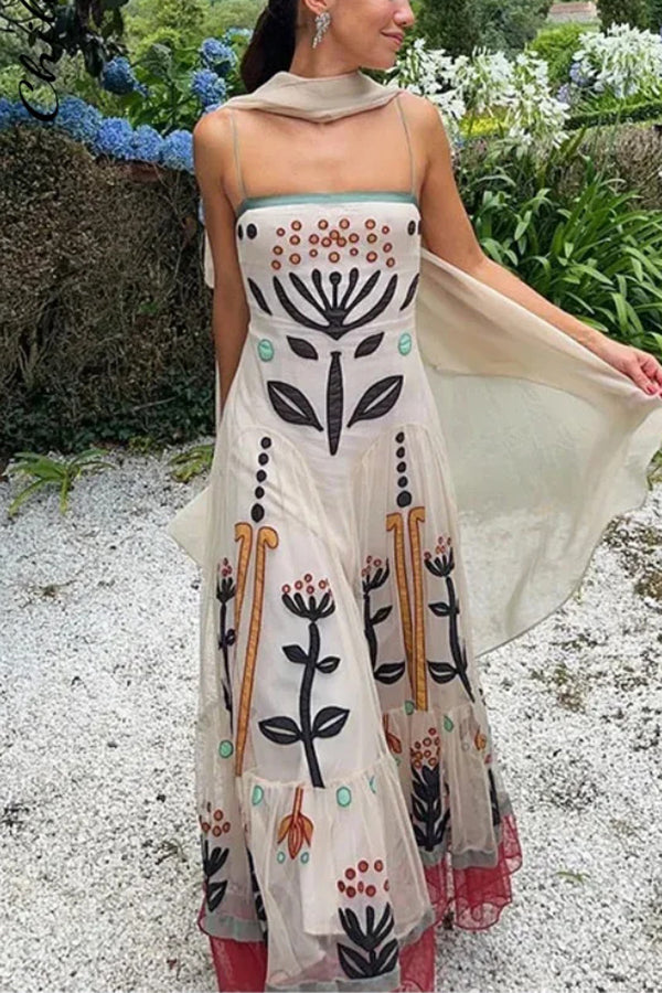 Botanical Print Chiffon Sling Backless Resort Maxi Dress