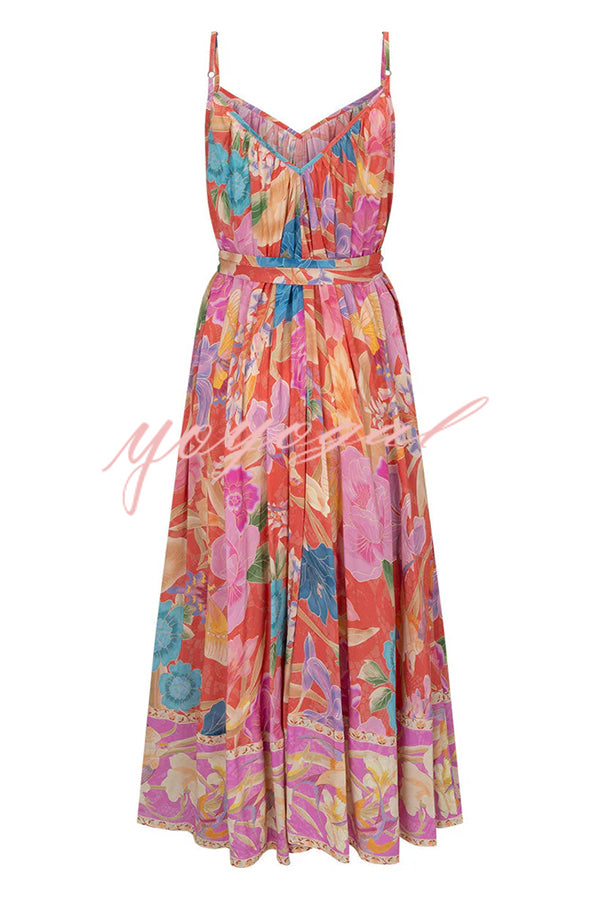 Painter's Garden Boho Floral Print Strappy A-line Maxi Dress