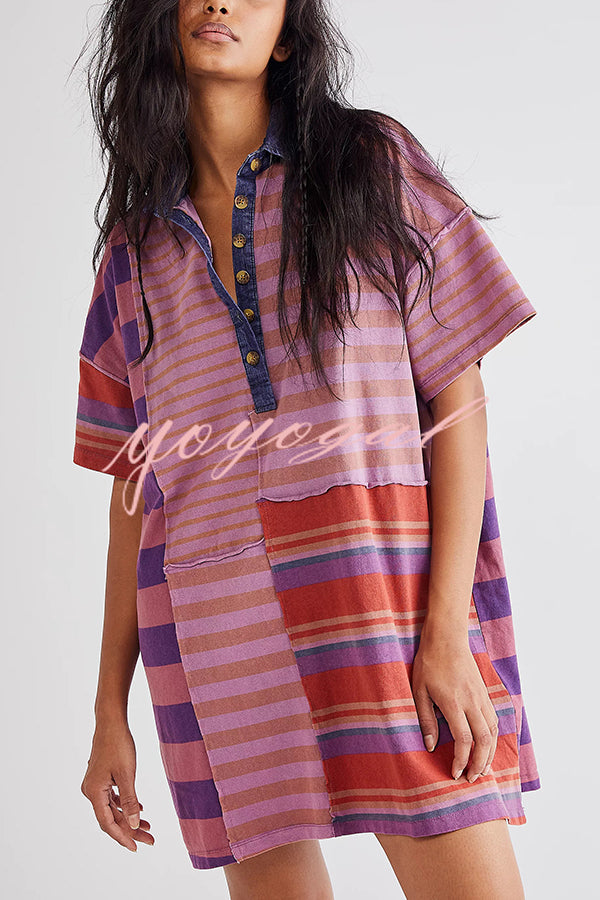 Contrast Striped Patchwork Denim Lapel Loose Casual Mini Dress