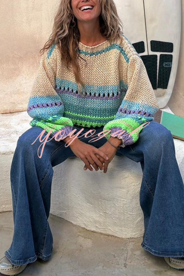 Rainbow Mood Multicolor Round Neck Hollow Long Sleeve Knitted Sweater