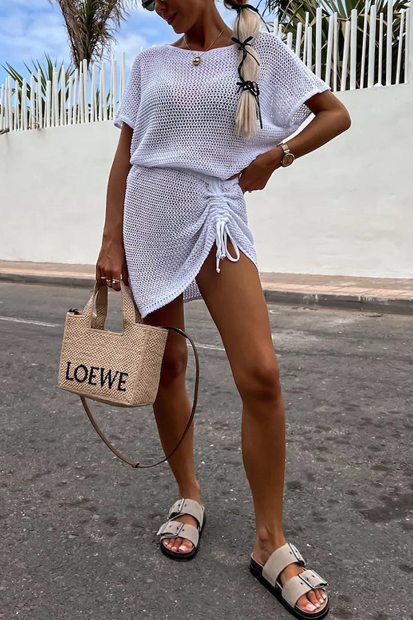 Solid Color Knitted Cutout Lace Up Crew Neck Mini Dress