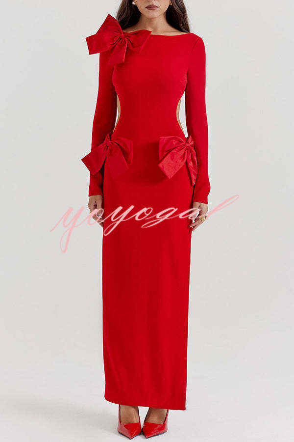 Lovely Bow Cutout Button Back Zipper Long Sleeve Maxi Dress