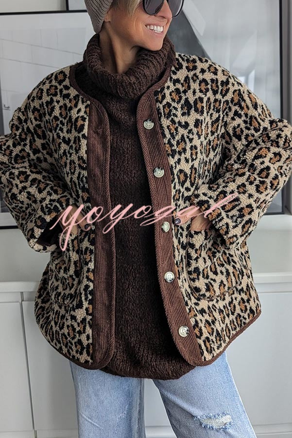 Warm Feel Colorblock Leopard Print Plush Button Up Pocketed Teddy Jacket