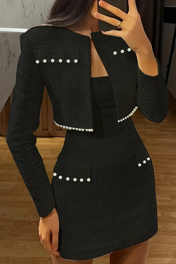 Stylish and Elegant Tweed Pearl-embellished Long-sleeved Jacket