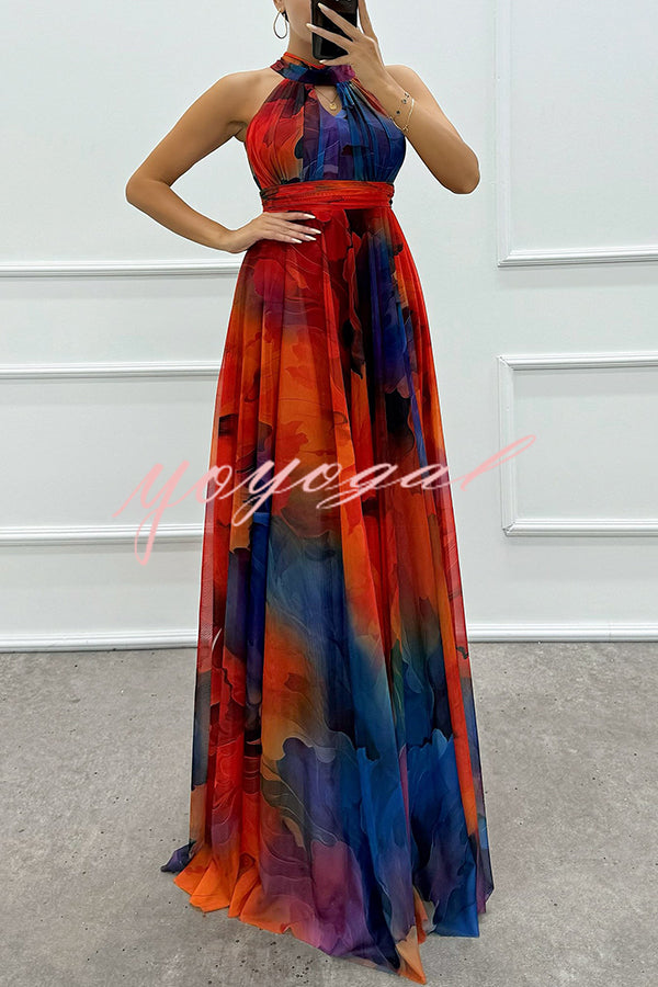 Elaine Tulle Floral Splash Print Cutout Halter Tie-up Neck Gown Maxi Dress