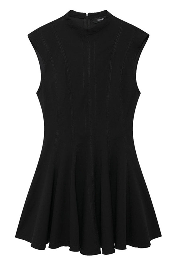 Solid Color Round Neck Sleeveless Waist Mini Dress