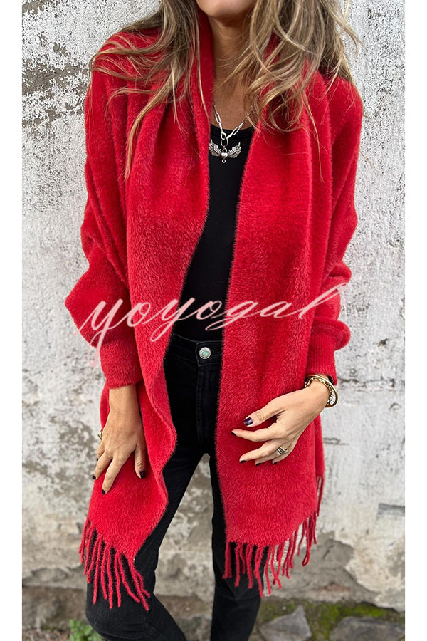 Warm Corner Knit Plush Tassel Trim Relaxed Shawl Cardigan