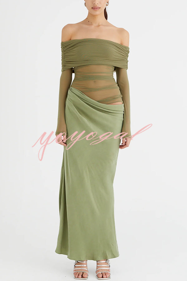 Exquisite Sexy Mesh Patchwork Off Shoulder Cutout Ruched Maxi Dress