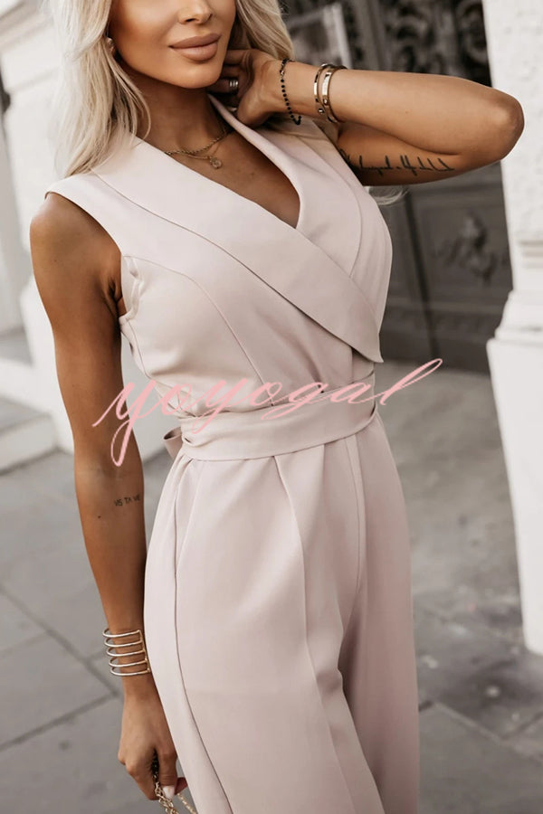 Make Your Entrance Lapel Belt Pocketed Wide Leg Formal Jumpsuit