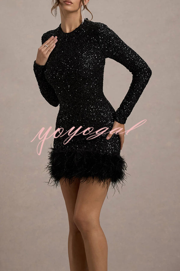 Party Must-have Sequin Long Sleeve Feather Trim Stretch Mini Dress