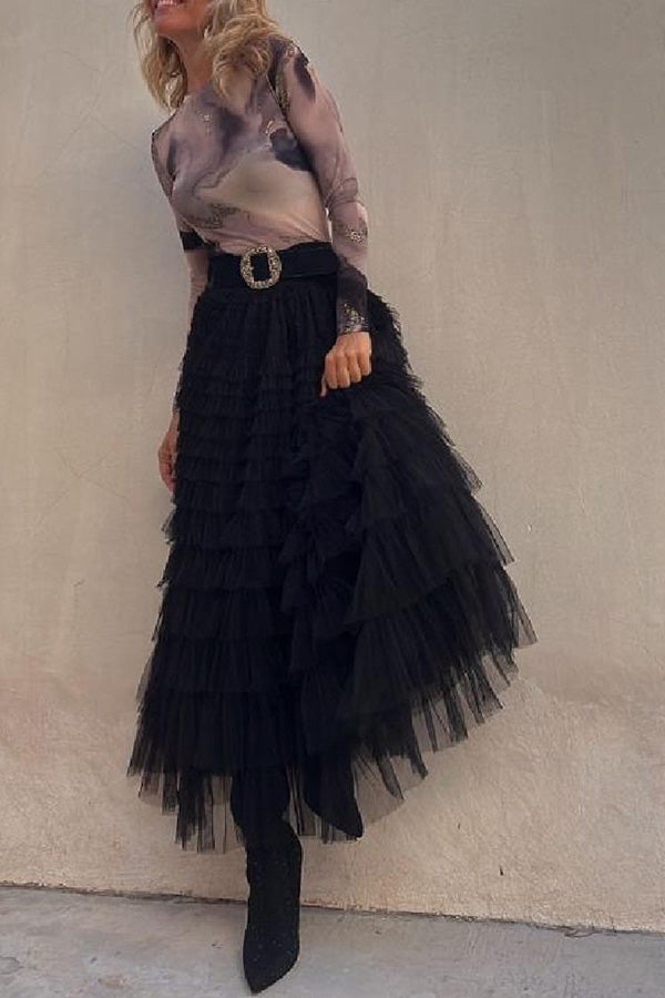 Be Your Own City Queen Tiered Elastic Waist Tulle Maxi Skirt