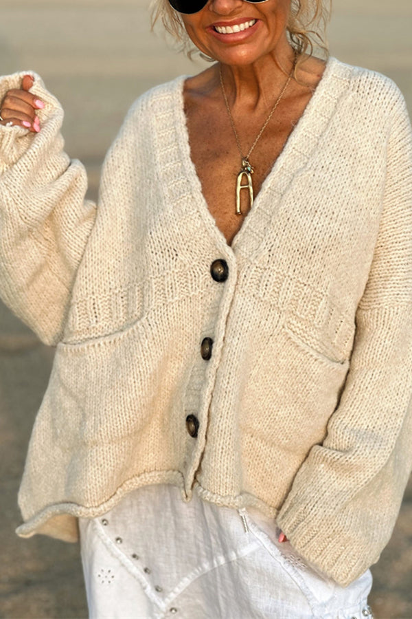 Solid Color Loose Long Sleeve V-neck Pocket Knitted Sweater Cardigan