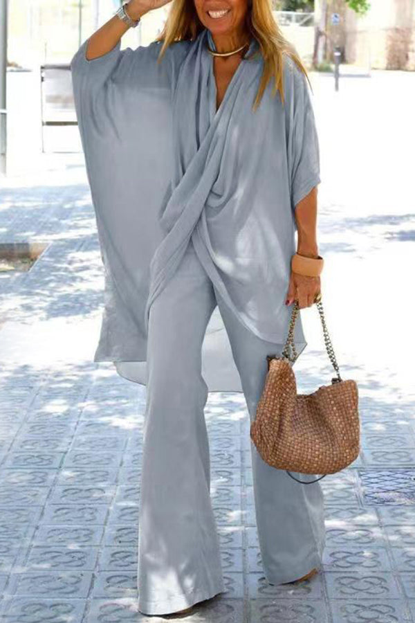 Casual V Neck Trumpet Sleeve Top and Pants Two Piece Set