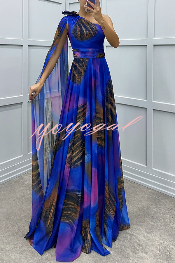 Lucia Unique Print Floral Detail One Shoulder Draped Sleeve Gown Maxi Dress