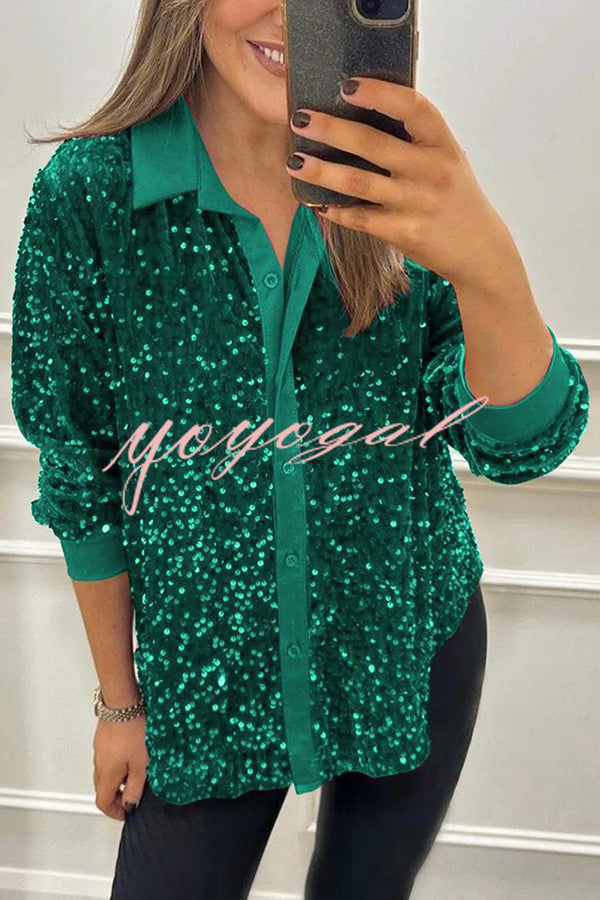 Fashion Velvet Sequined Loose Casual Long-sleeved Shirt