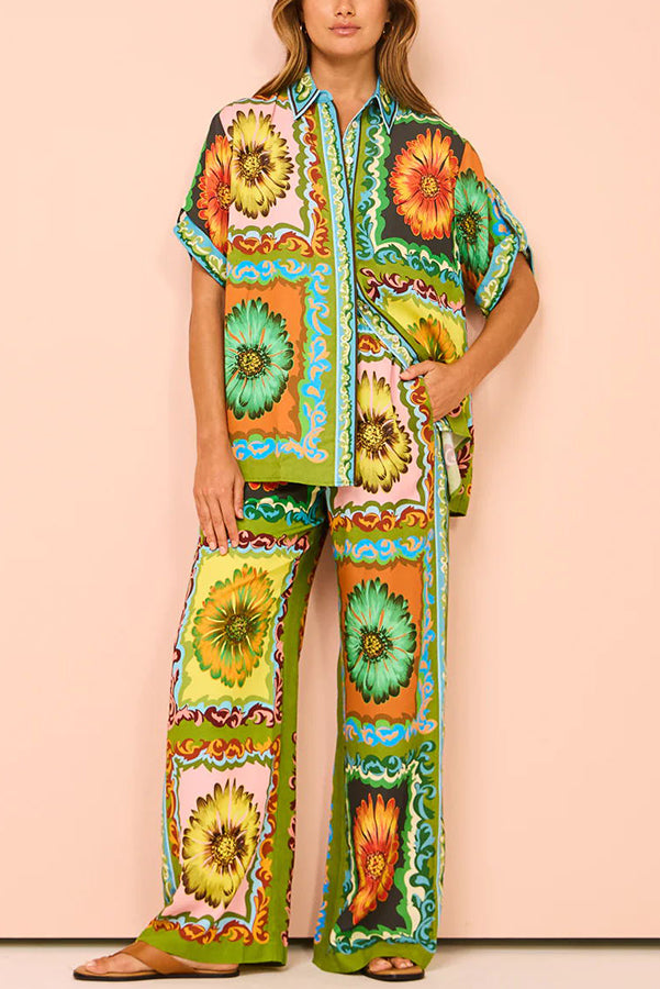 Disco Daisy Unique Printed Colorblock Elastic Waist Pocket Pants Set