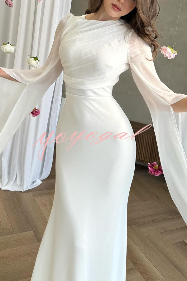 Liora Ruched Organza and Satin Patchwork Design Long Bell Slit Sleeve Maxi Dress