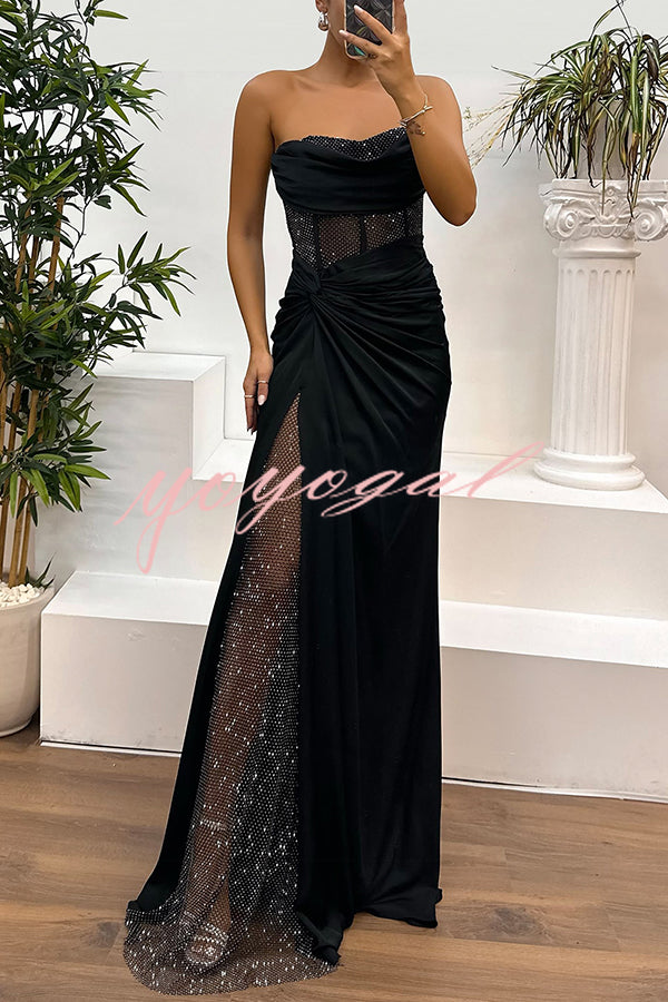 Audrey Satin Paneled Mesh Sequin Fabric Off Shoulder Ruched Drape Maxi Dress