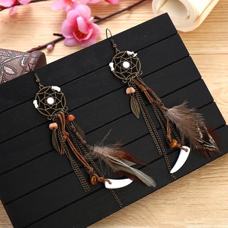 Boho Vintage Colorful Feather Tassel Dangle Drop Earrings