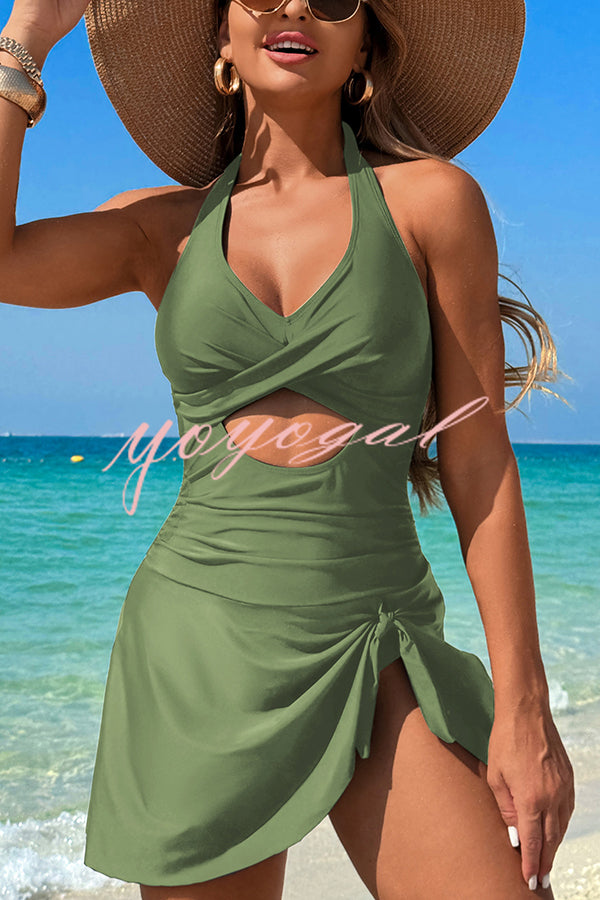 Fashionable Halterneck Waist Hollow Stretch One-piece Swimsuit