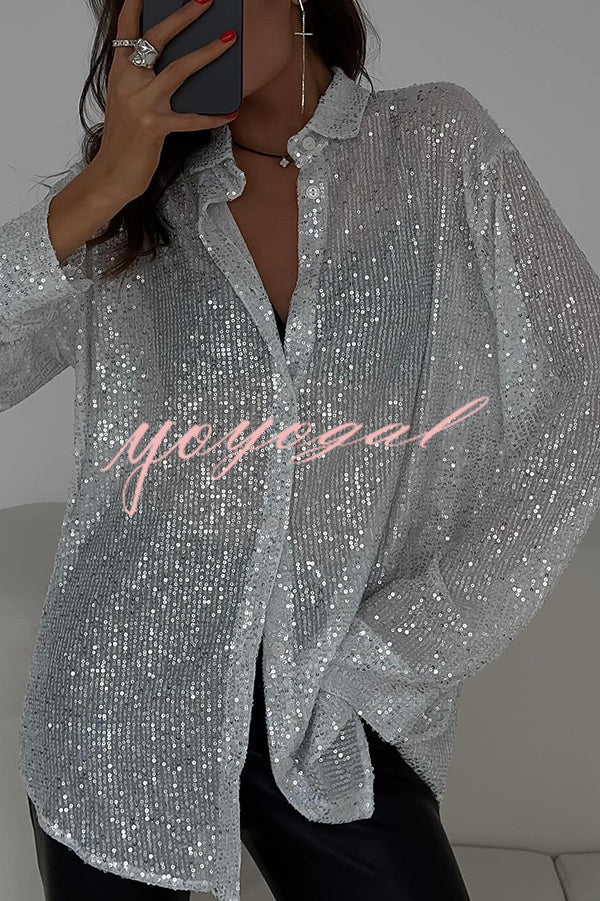 Fashion Sequin Lapel Long Sleeve Loose Shirt