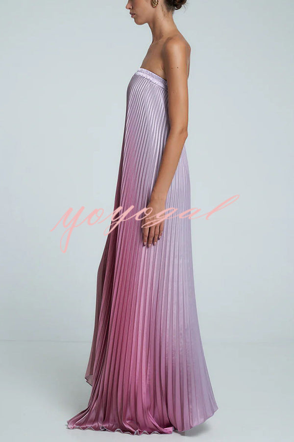 Gorgeous Styling Satin Pleated Elastic Bust Strapless A-line Gown Maxi Dress