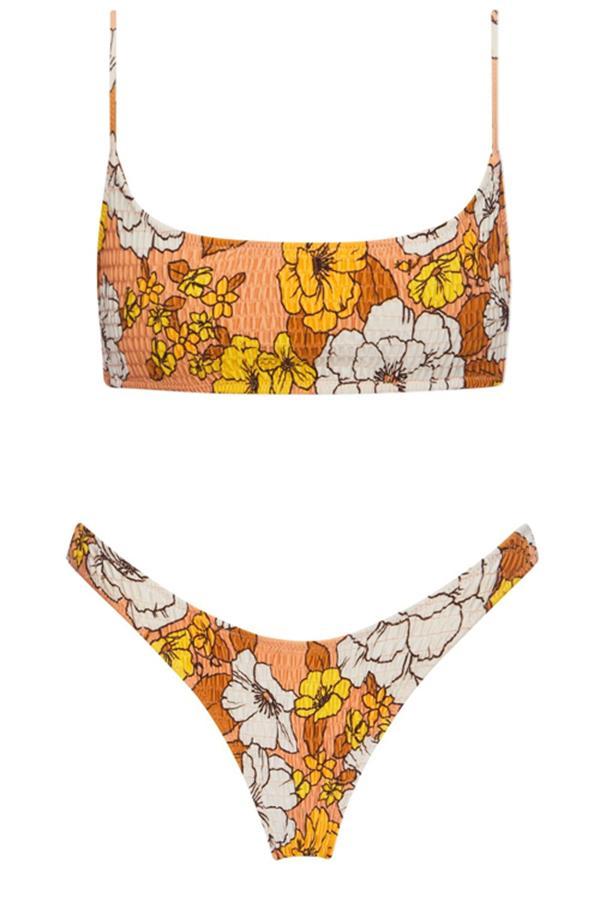 Sweet Pleated Floral Strap Bikini