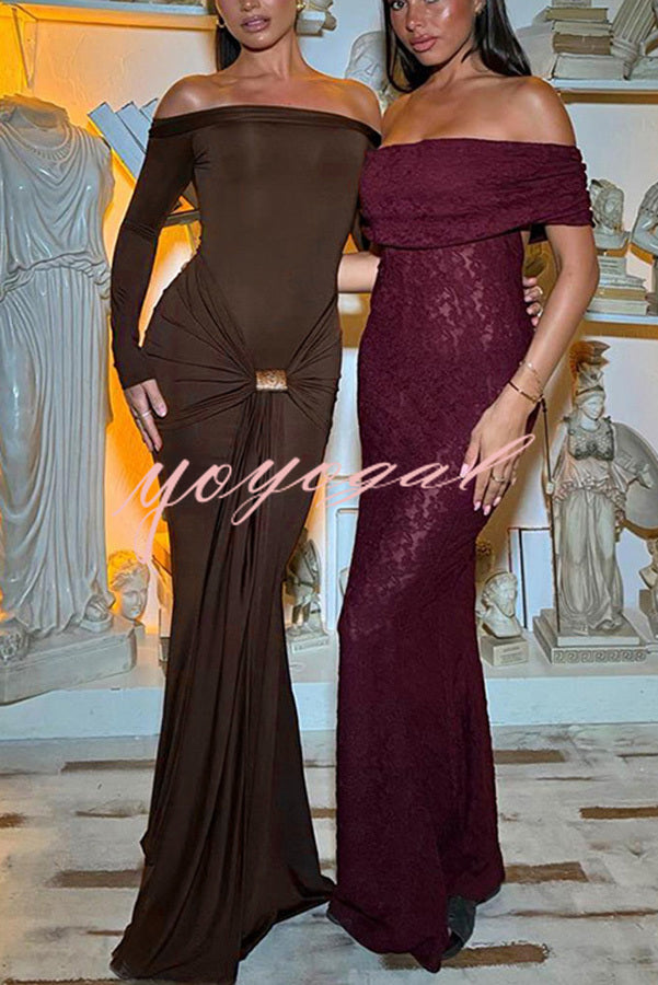 Naia Off Shoulder Long Sleeve Metal Buckle Adjustment Drape Stretch Maxi Dress