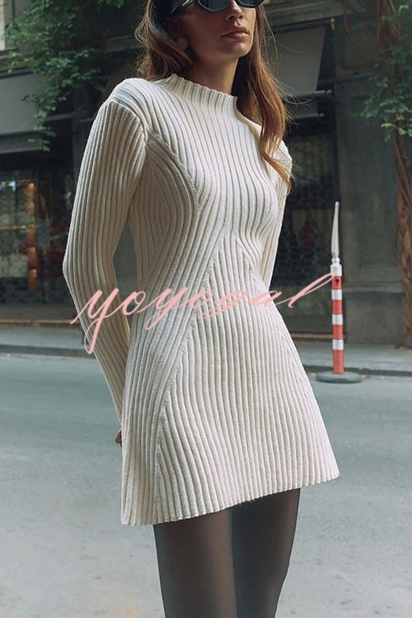 Beautiful Basic Ribbed Knit Long Slit Sleeve Flare Stretch Dress