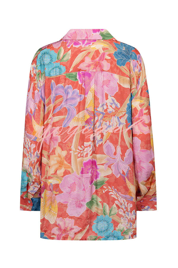 Painter's Garden Boho Floral Print Button Long Sleeve Relaxed Blouse