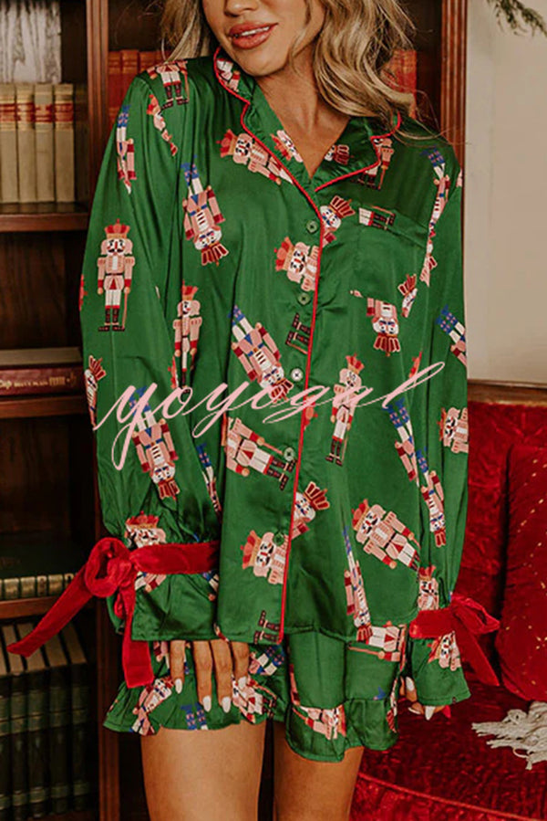 Christmas Dreaming Satin Nutcrackers Print Velvet Trim Elastic Waist Pocketed Pajama Shorts Set