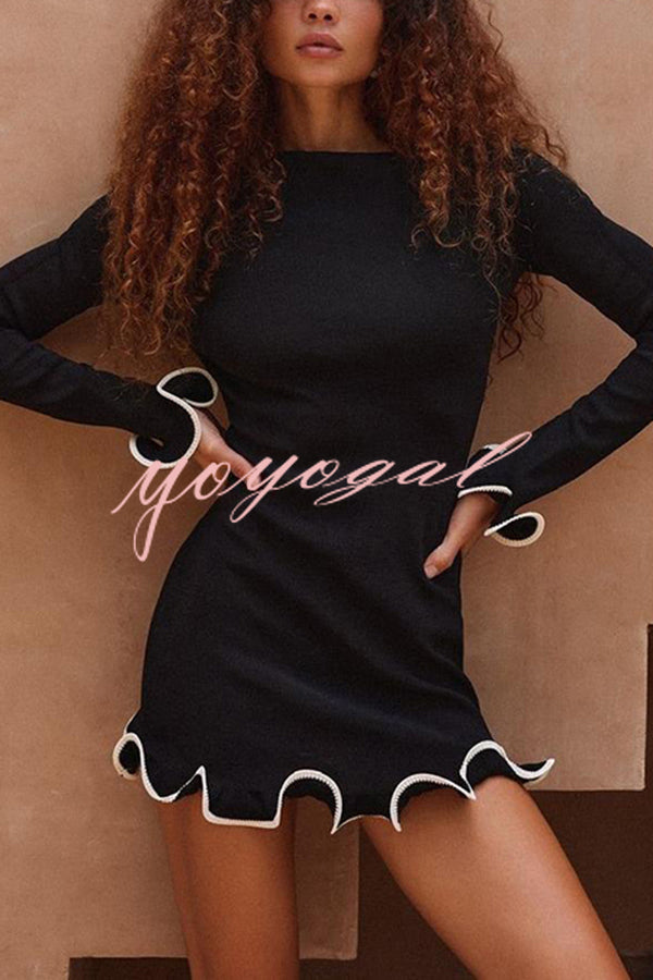 Fashionable Rolled Hem Round Neck Long Sleeve Slim Fit Mini Dress