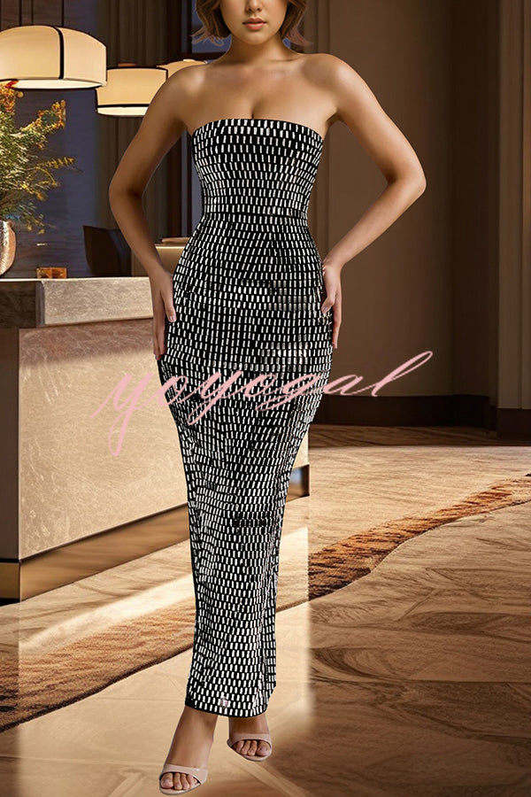 Flash Sculpture Rhinestone Embellished Bandeau Slit Stretch Maxi Dress