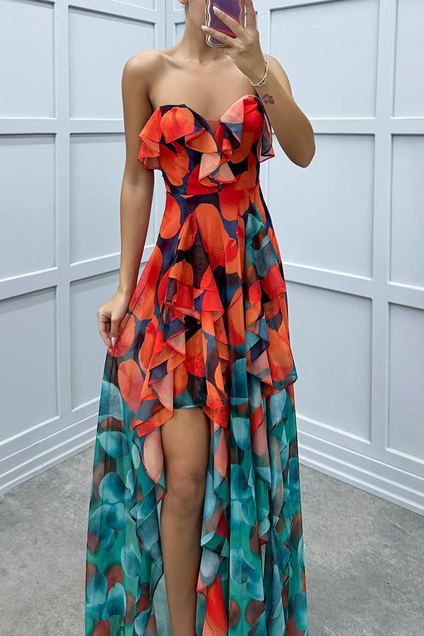 Loving Moment Gradient Unique Print Flowing Layered Ruffles Strapless Slit Maxi Dress